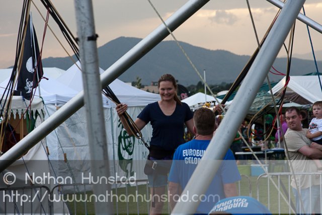 A grownup kid about to have fun on the bunge jump at the Colordao Irish Festival
